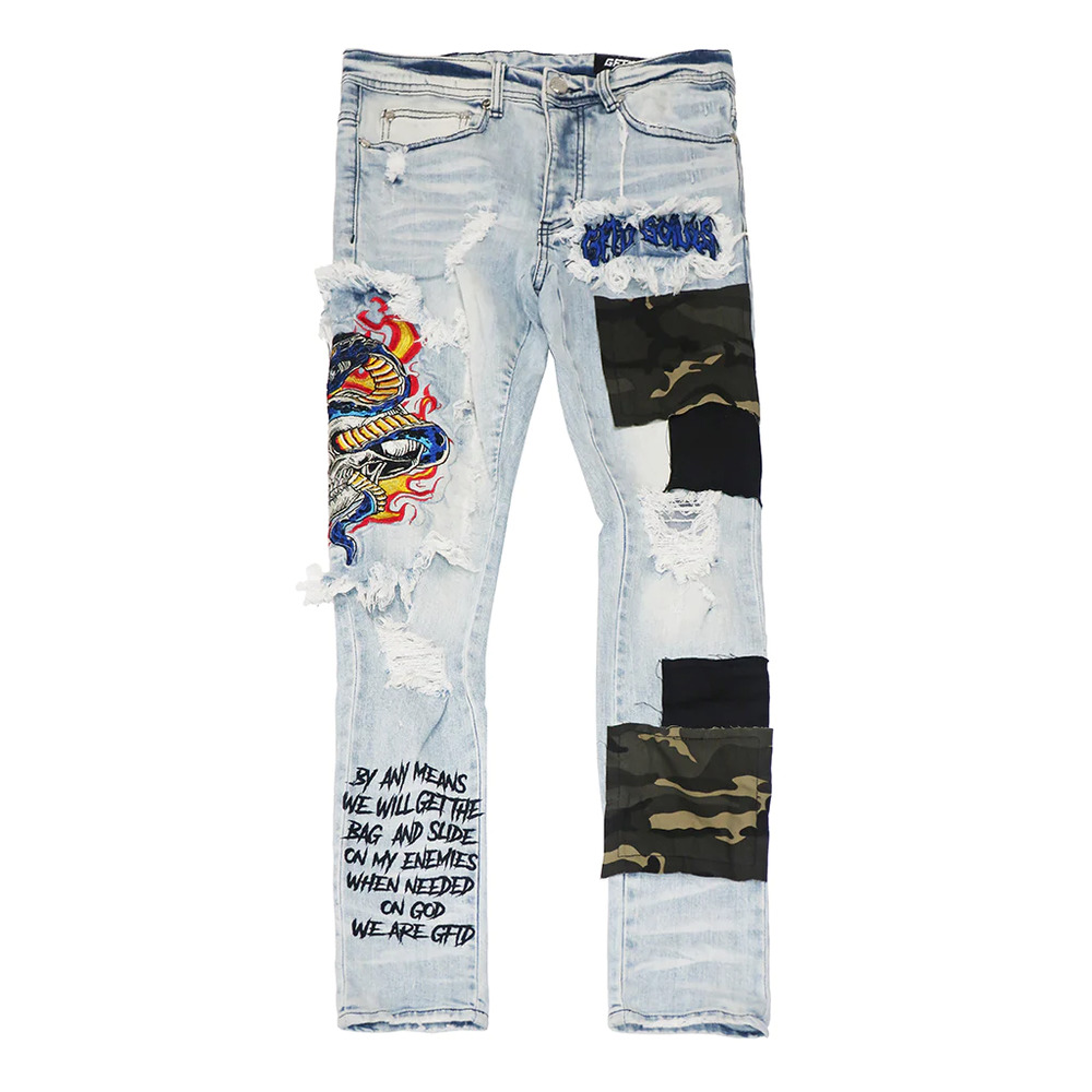 GFTD LA Los Angeles Men's Ezra Skinny Fit Embroidered Skull Distress Rip Jeans - Picture 5 of 6